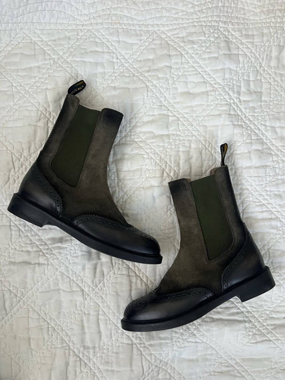 Doucal's Olive Suede & Black Leather Chelsea Boots